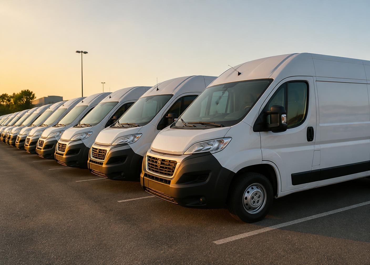 Row of white cargo vans parked at a delivery station in morning light