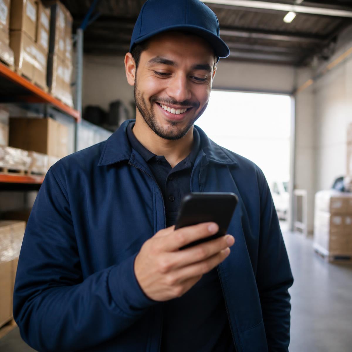 Delivery driver checking a phone before starting a route